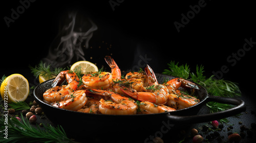 Grilled tiger prawns, shrimp, with lemon and herbs in frying pan
