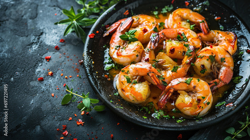Grilled tiger prawns, shrimp, with lemon and herbs in frying pan