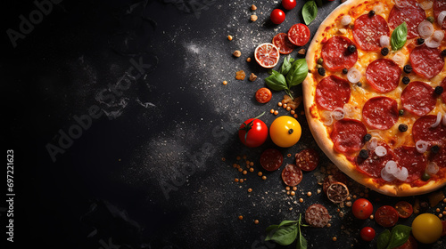 Pizza with salami, pepper and basil on a black background