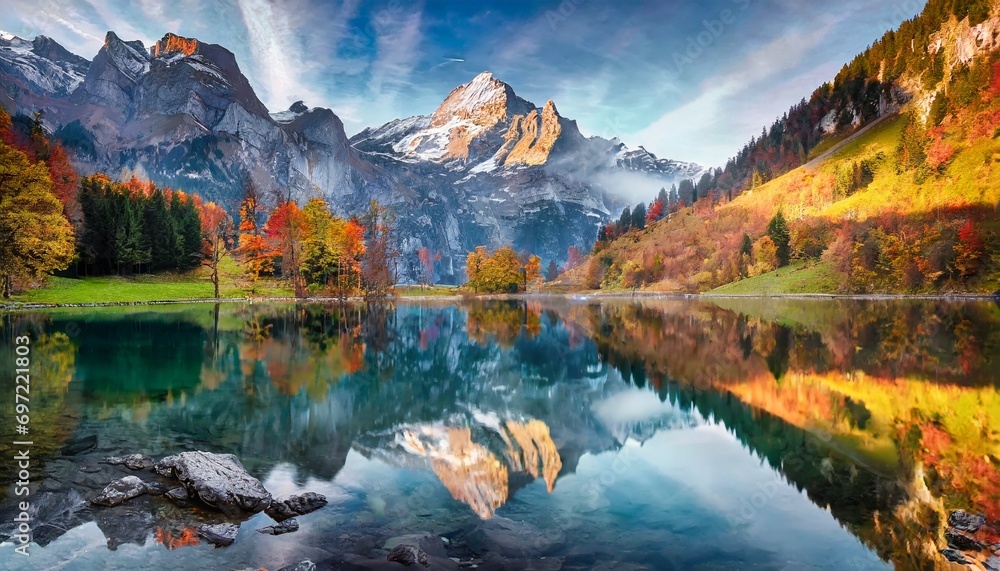 landscape photography attractive morning view of swiss alps santis peak reflected in the calm surface of pure water of lake spectacular autumn scene of seealpsee lake switzerland - obrazy, fototapety, plakaty 