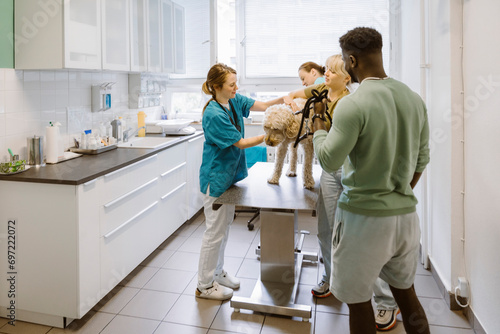 Female vet holding dog on table by couple in veterinary clinic photo