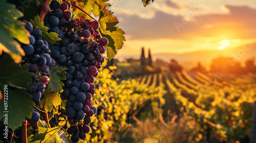 Red wine grapes on vineyard at sunset, Tuscany, Italy photo