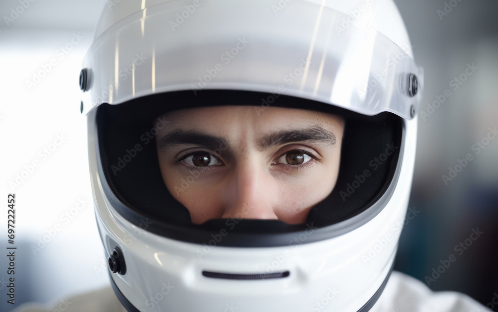 car racer wearing white safety helmet car racer wearing white safety helmet