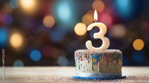 Birthday cake with number three candle on bokeh lights background photo