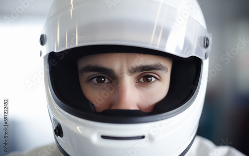 car racer wearing white safety helmet photo