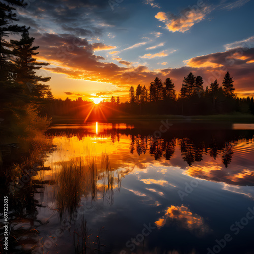 Tranquil lake reflecting the warm hues of a sunset.