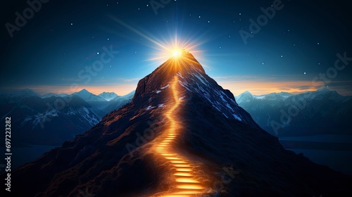 Path to success concept with glowing light path going up the mountain photo