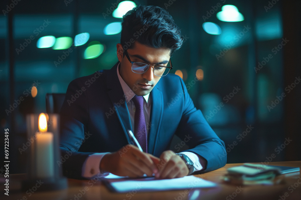 young indian businessman writing on some documents - obrazy, fototapety, plakaty 