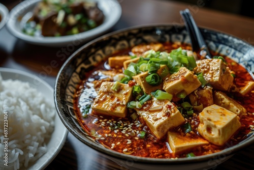 Tingly Tofu Adventure: Mapo Tofu - A Mouthwatering Experience of Soft Tofu Cubes in a Spicy and Numbing Sichuan Sauce, an Exotic Asian Gastronomic Delight. photo