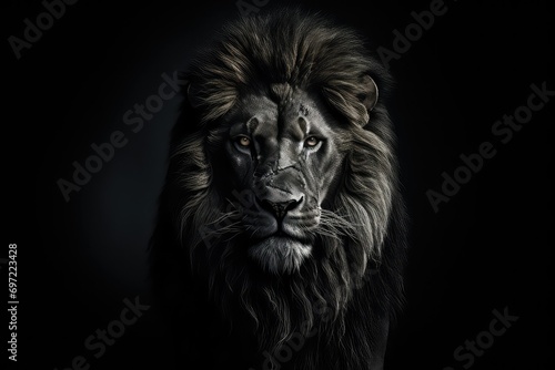 A shot of a lion in shades of gray in dark fur on a black background