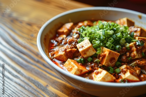 Tingly Tofu Adventure: Mapo Tofu - A Mouthwatering Experience of Soft Tofu Cubes in a Spicy and Numbing Sichuan Sauce, an Exotic Asian Gastronomic Delight. photo