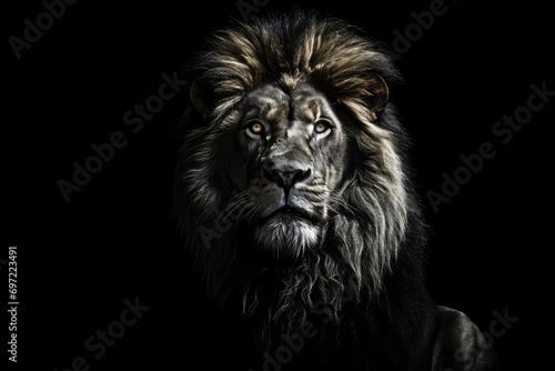A shot of a lion in shades of gray in dark fur on a black background © Zaleman