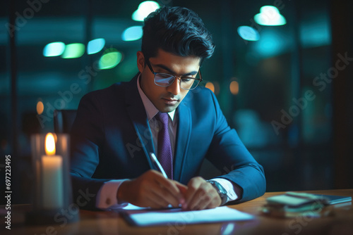 young indian businessman writing on some documents photo