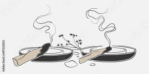 Palo santo wood and palo santo sticks line art drawing on beige background. Shaman medicine, aromatherapy tools and line set. Vector illustration