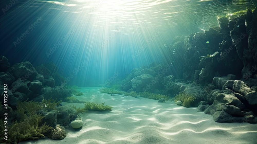 Underwater world, beautiful tropical marine landscape. Algae, rocks and coral reefs. Life in sea or ocean