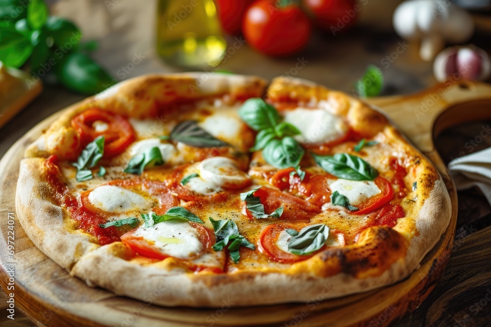 A Slice of Italy: Margherita Pizza, a Classic Culinary Triumph with Fresh Tomato Sauce, Creamy Mozzarella, and Fragrant Basil, Baked to Perfection in the Authentic Neapolitan Tradition.

