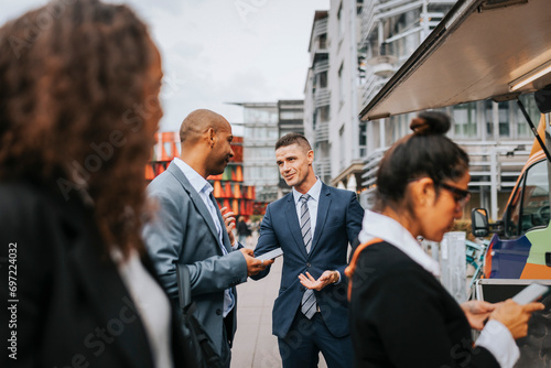 Male and female business professionals waiting for food while standing near food truck photo