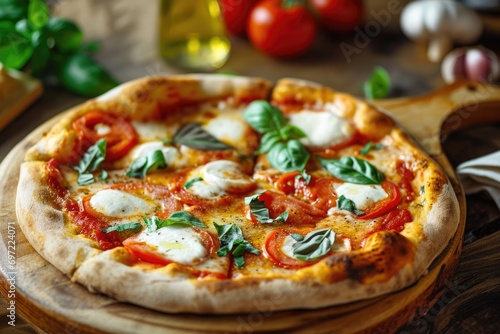 A Slice of Italy: Margherita Pizza, a Classic Culinary Triumph with Fresh Tomato Sauce, Creamy Mozzarella, and Fragrant Basil, Baked to Perfection in the Authentic Neapolitan Tradition.