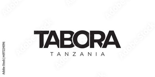 Tabora in the Tanzania emblem. The design features a geometric style, vector illustration with bold typography in a modern font. The graphic slogan lettering.
