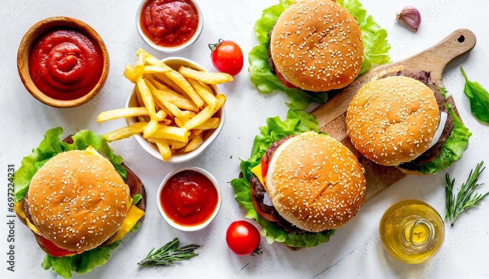 homemade burgers with french fries and tomato sauce on white background top view