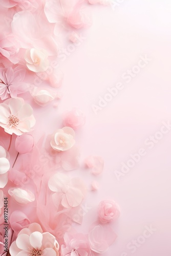 Banner with frame made of rose flowers on a pink background. Copy space, postcard concept for Women's Day