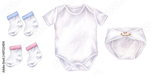 Baby clothes Set. Watercolor illustration of bodysuit with diaper and socks. Hand drawn clip art on white isolated background. Drawing of kids wear for shower party decorations photo