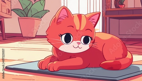 A cartoon orange cat with a pink nose and whiskers laying on a blue mat