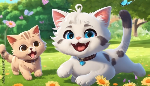 Two cats in a field with flowers