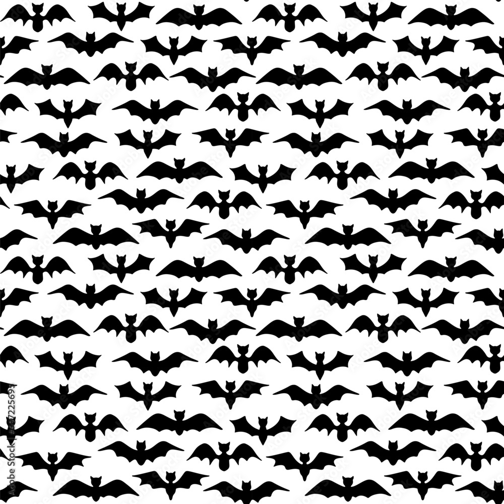 Fototapeta premium Halloween Bat Seamless Pattern. Vector Repeat Background with Black Bat Silhouettes. Mystical Horror Pattern Design. Hand Drawn Halloween Motif for Fabric, Surface Design.