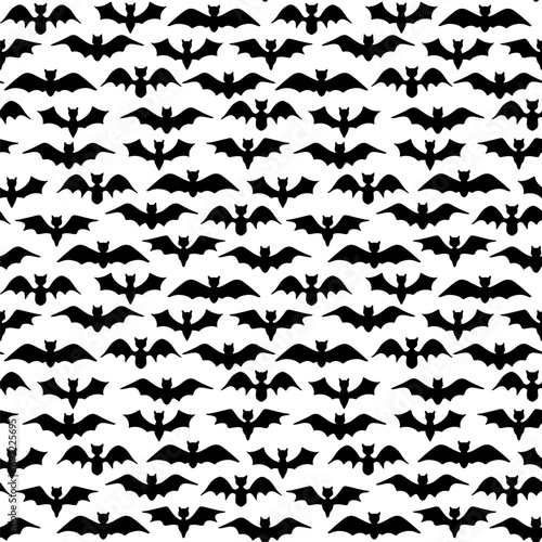 Halloween Bat Seamless Pattern. Vector Repeat Background with Black Bat Silhouettes. Mystical Horror Pattern Design. Hand Drawn Halloween Motif for Fabric  Surface Design.