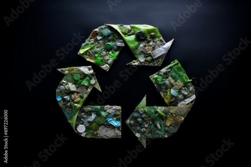 Recycling symbol made of garbage against dark background. Environmental protection, ecology, recycling concept