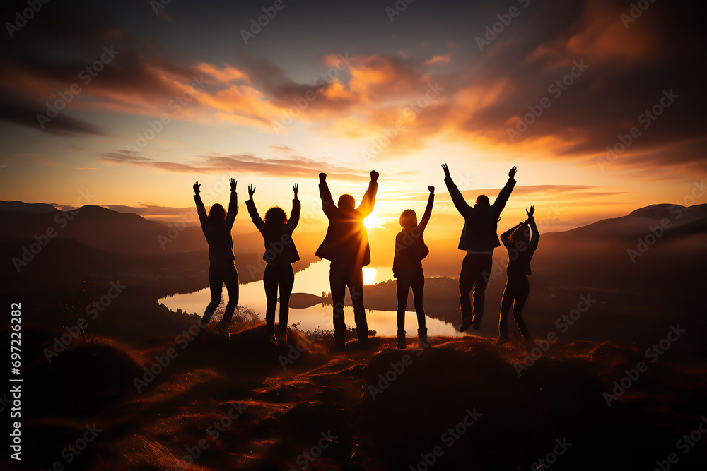 hikers celebrating success on top of a hill in the sunset - obrazy, fototapety, plakaty 