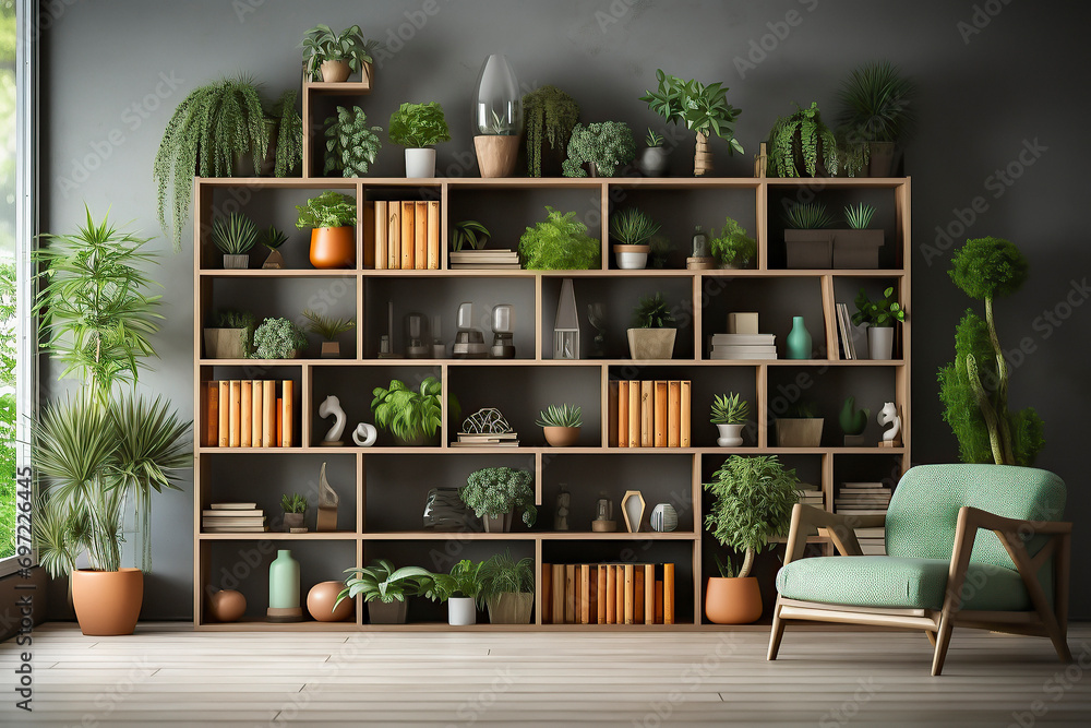 Obraz na płótnie contemporary style bookshelf adorned with plants that serves as a modern decorative element w salonie