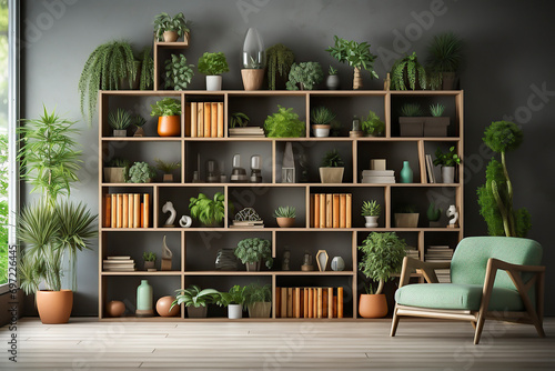contemporary style bookshelf adorned with plants that serves as a modern decorative element photo