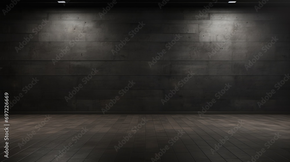 Spotlight illumination on a dark concrete wall with a wooden floor Spotlight illumination on a dark concrete wall with a wooden floor