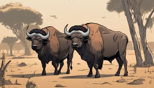 Two buffalo with large horns standing in a field