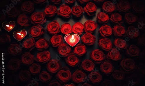 Red roses and heart shaped candle on wooden table. Valentines day background © TheoTheWizard