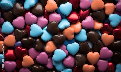 Colorful heart shaped candies for valentine's day background. Chocolate candies in the form of hearts on a black background