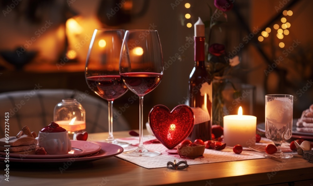 Romantic dinner table setting with candles and heart on wooden table in restaurant Romantic dinner table setting with candles and heart on wooden table in restaurant