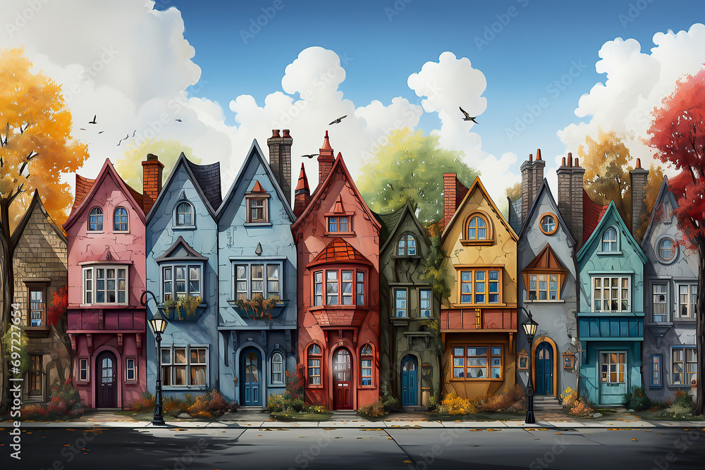 Traditional victorian old English houses in a small town. Row of elegant english houses. Colorful flat in England. English countryside homes old building. Illustration style - obrazy, fototapety, plakaty 