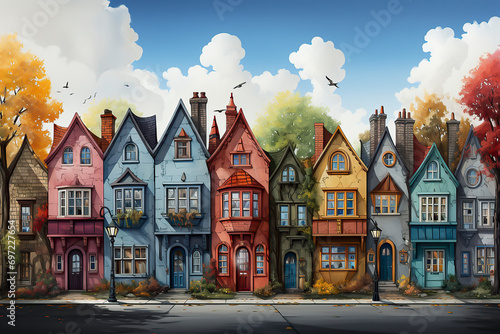 Traditional victorian old English houses in a small town. Row of elegant english houses. Colorful flat in England. English countryside homes old building. Illustration style photo