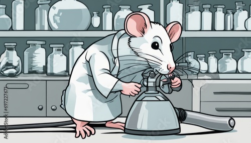 A cartoon mouse in a lab coat is using a microscope
