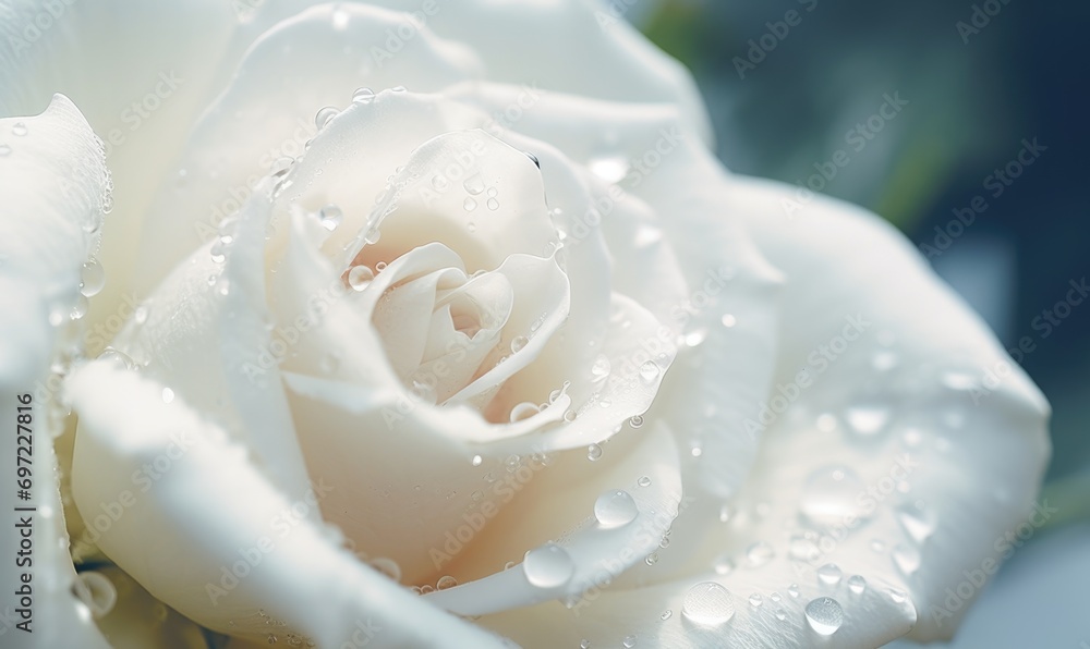 Beautiful white rose with water drops on petals close-up Beautiful white rose with water drops on petals close-up