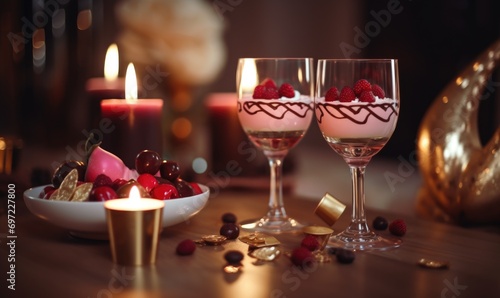 Glasses with delicious raspberry dessert on table in room decorated with lights