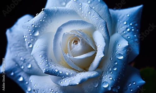 Beautiful white rose with water drops on petals close-up