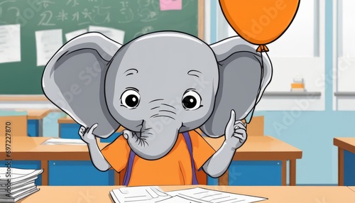A cartoon elephant with a balloon in its trunk photo