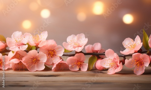Blossoming branch of peach on a wooden background with copy space