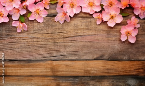 Blossoming branch of peach on a wooden background with copy space