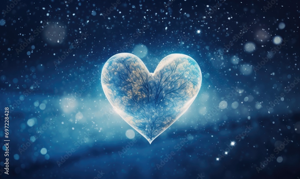 Heart shaped object against snowy landscape with fir trees in the forest at night Heart shaped object against snowy landscape with fir trees in the forest at night
