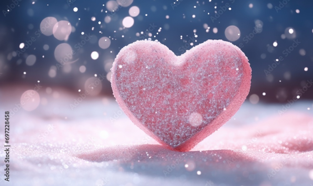 Pink heart on snow background with bokeh and snowflakes. Valentine's day concept background